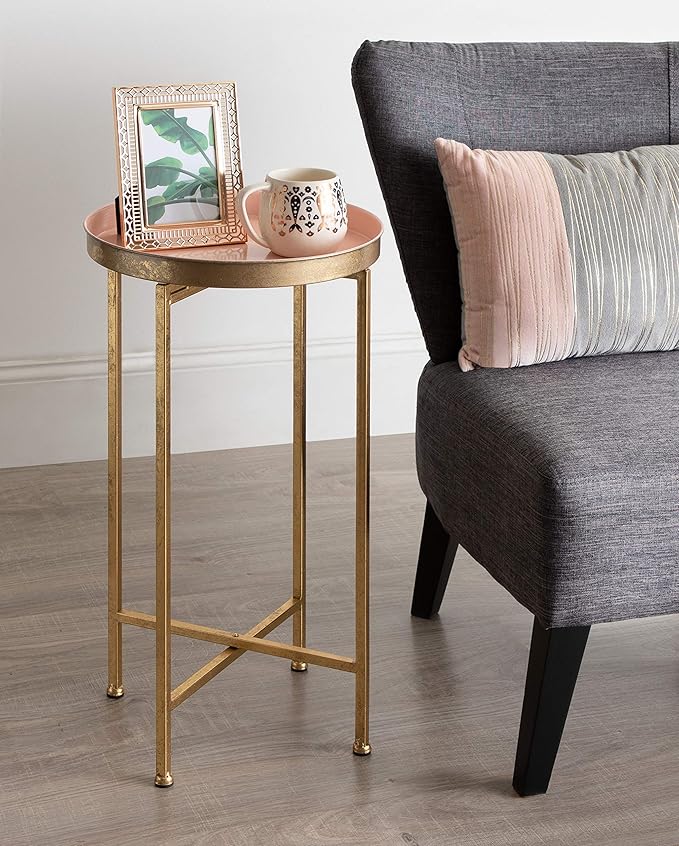 Kate and Laurel Celia Round Metal Foldable Tray Accent Table, Pink with Gold Base