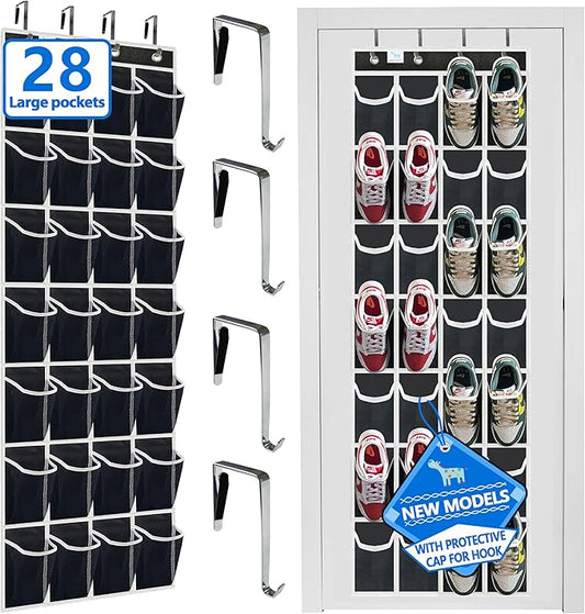 door shoe organizer,28 Large Breathable Mesh Pockets,shoe organizer, Hanger Holds Up to 50 lbs for Shoes,New upgrade anti-scratch heavy-duty hooks,shoe storage,Black/White-NeatNest