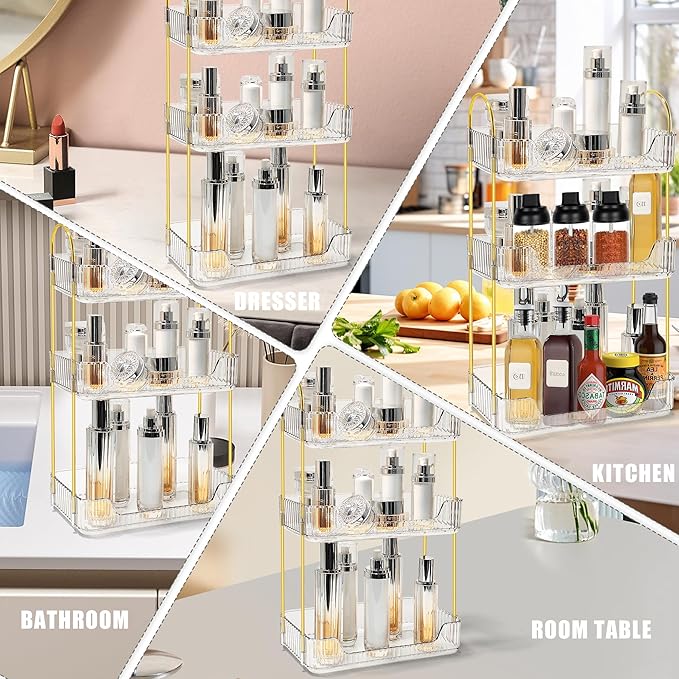 Bathroom Counter Organizer Countertop Storage Skincare Countertop Makeup Organizer Cosmetics Skincare Organizers Holder for Perfume-Clear-Golden Pole-3 Tier-NeatNest