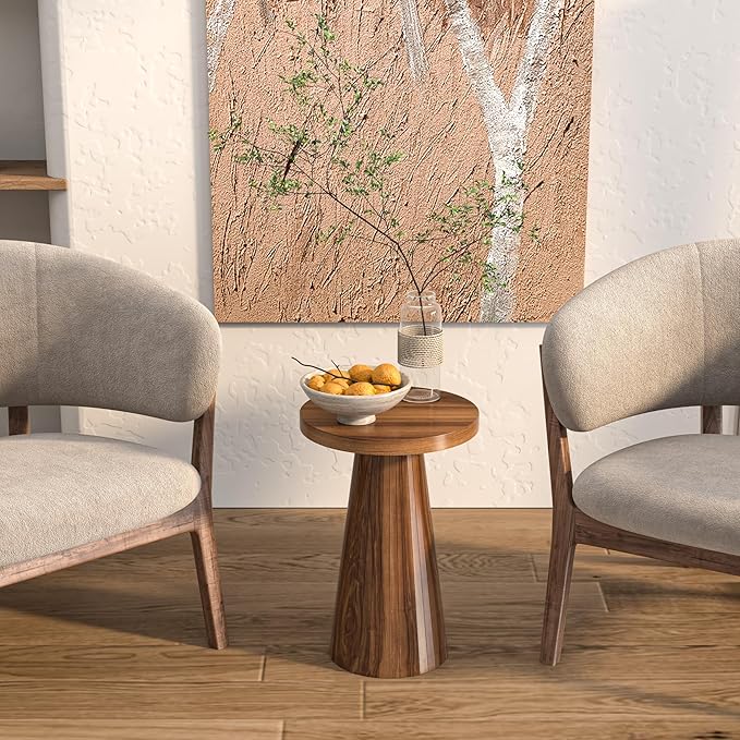 Round Fluted Accent End Table, Pedestal Side Small for Living Room, Mid Century Modern Night Stand, Wood Nightstands for Bedroom (Big Walnut)