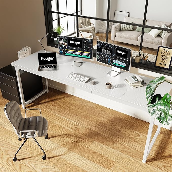 Huuger Computer Desk, 80 Inch Office Desk, Gaming Desk with Storage, Writing Desk Work Desk for Home Office, Study, Long Simple Desk, Large Legroom, Metal Frame, White-NeatNest