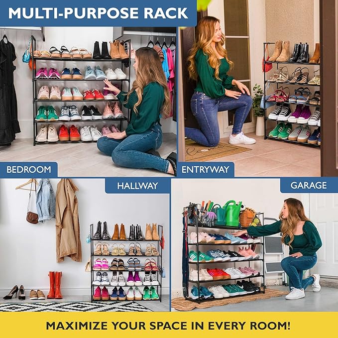Sundaze Shoe Rack - 5 Tier Metal Shoe Rack for Front Door Entrance, Sturdy Long Shoe Organizer for Closet, Bedroom, Entryway, Garage, Black Metal Shoe Shelf, Holds Up to 25 Pairs-NeatNest
