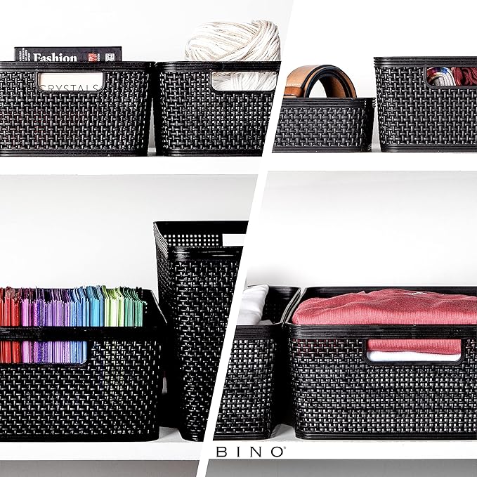 BINO | Woven Plastic Basket | Large (Black), 3-Pack | THE JUTE COLLECTION | Home Organization, Space - Saving Storage, Stylish Design | Jute Basket | Plastic Storage Basket-NeatNest