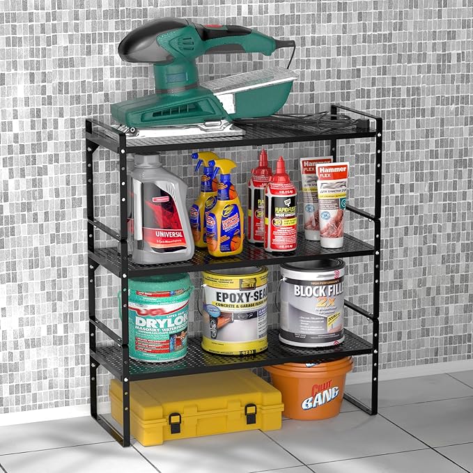 iPEGTOP 3 Pack Large Expandable Cabinet Storage Shelf, Heavy Duty Stackable Steel Metal Spice Rack Adjustable Height Home Office Pantry Garage Shelves for Counter Kitchen Organization, Black-NeatNest