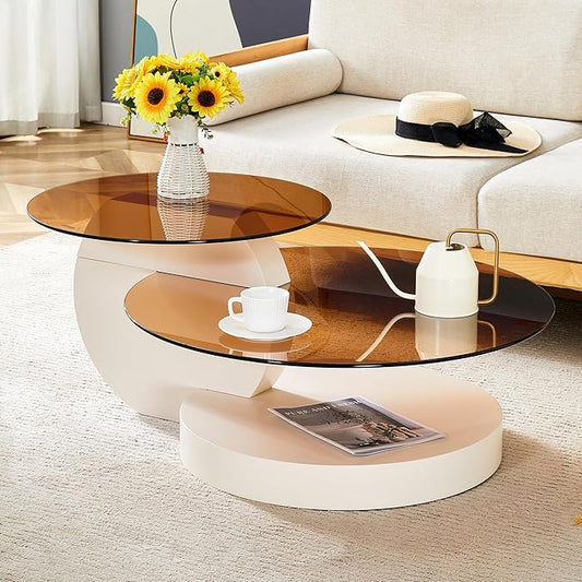 Glass Coffee Tables for Living Room Round Coffee Tables Modern Double Layer Round Table Circle Coffee Table for Small Space Home Office (42 Inch Amber Yellow Glass)