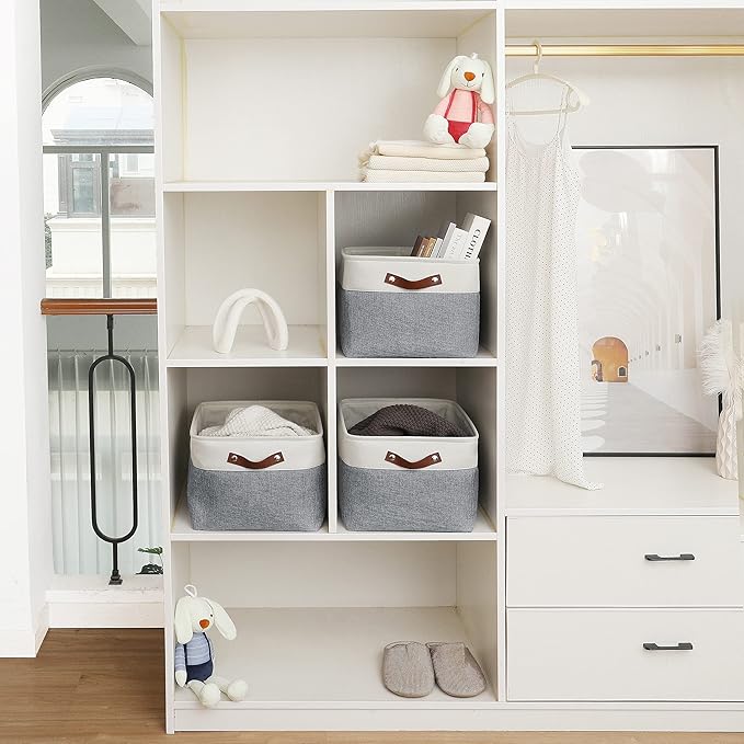 OrganiHaus Extra Large Fabric Storage Baskets for Shelves 3 Pack | 16x13in Closet Storage Bins for Shelves | Cloth Baskets for Organizing | Linen Closet Organizers | Fabric Storage Bin - Gray/White-NeatNest