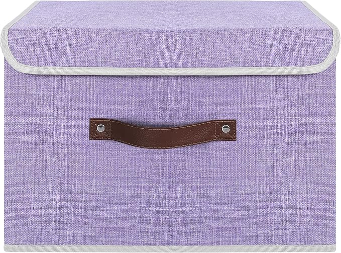 ANMINY 4PCS Storage Bins with Lid PU Leather Handles Storage Boxes PP Plastic Board Decorative Foldable Lidded Cotton Linen Fabric Home Cubes Baskets Closet Organizer Containers - Purple, Large Size-NeatNest