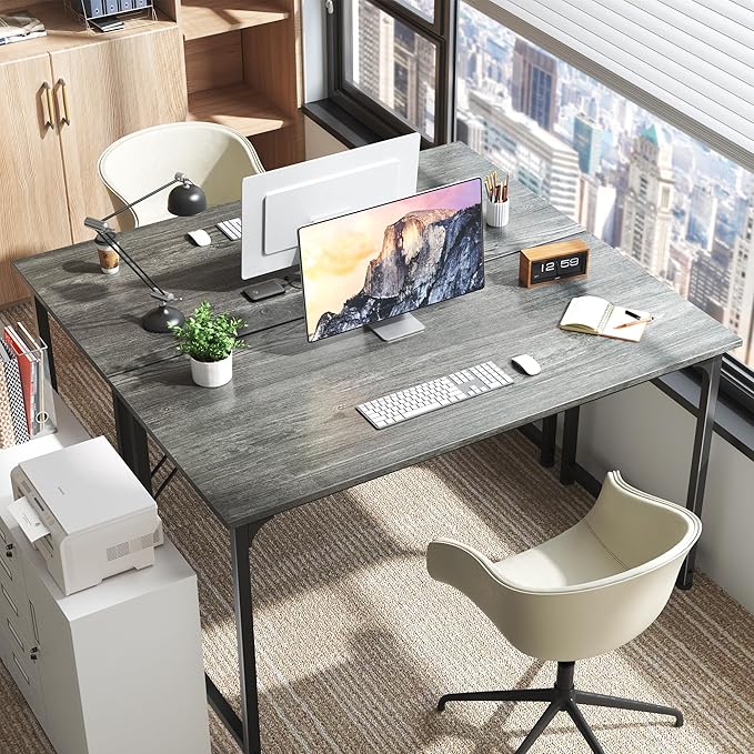 Huuger Computer Desk, 55 Inch Home Office Desk, Gaming Writing Work from Home Study Desk, Large Legroom, Sturdy Metal Frame, Modern Simple, Grey-NeatNest
