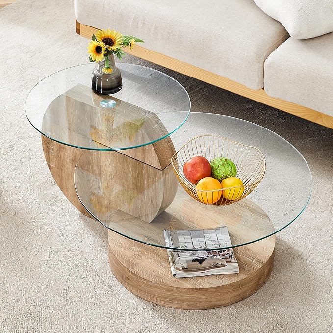 Glass Coffee Tables Round Coffee Tables for Living Room Modern 3 Tier Round Table Circle Coffee Table for Small Space Home Office (35.4 Inch Light Wood)