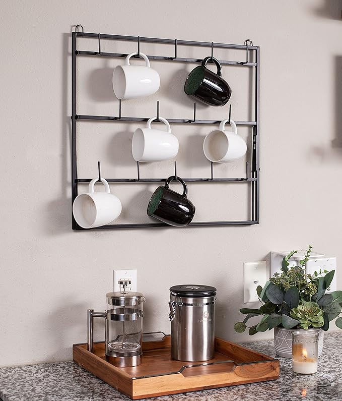 BIRDROCK HOME 14-Hook Mug Rack - Free Standing or Wall Mountable - Coffee Tea Cup Glass Storage Holder - Coffee Bar Display Décor - Decorative Kitchen Organizer - Flat Black Metal Steel-NeatNest