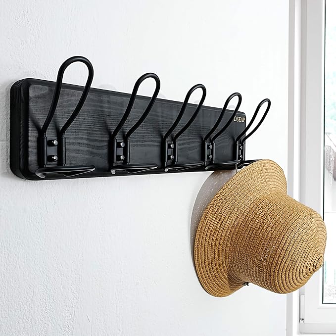 Dseap Coat Rack Wall Mounted - Heavy Duty Farmhouse Rustic Wall Coat Hanger With 5 Wire Hooks for Clothes Hat Jacket Towel, RusticWire, G25A, Black-NeatNest