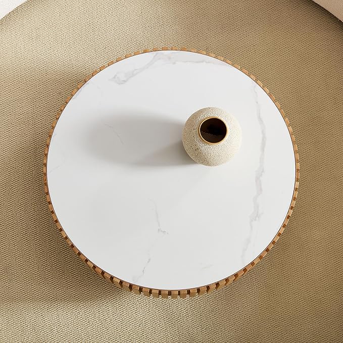 Coffee Table Stone Round 35.43'' for Living Room Modern Coffee Tables Wood Circle Drum Tea Fluted Solid Wooden Veneer Sintered Tabletop Handcraft Home Furniture for Apartment Easy Assembly Oak-NeatNest