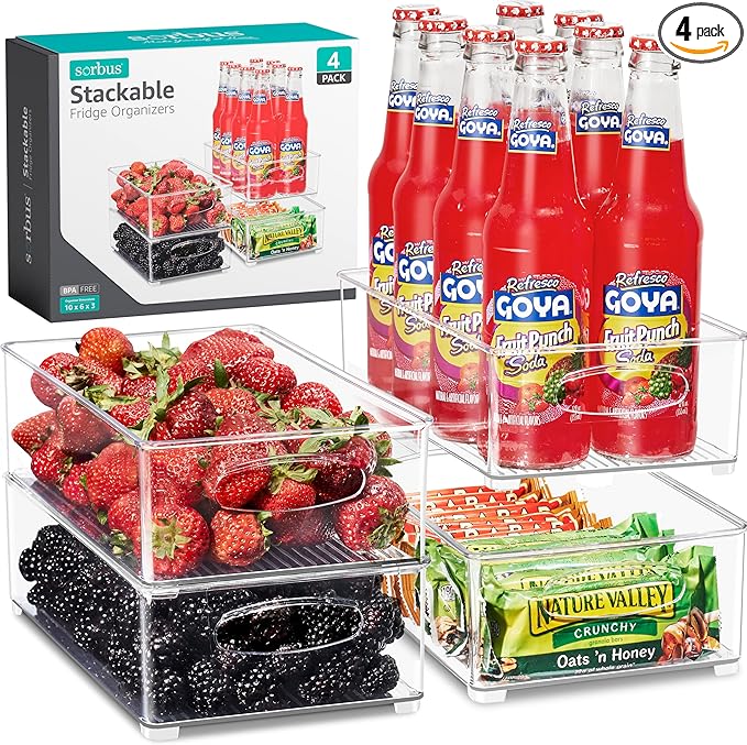 Sorbus Stackable Refrigerator Organizer Bins - Clear Storage Bins for Kitchen Pantry, Freezer & Fridge Organization - Food Organizing Plastic Containers with Handles for Countertops & Drawers (4 Pack)-NeatNest