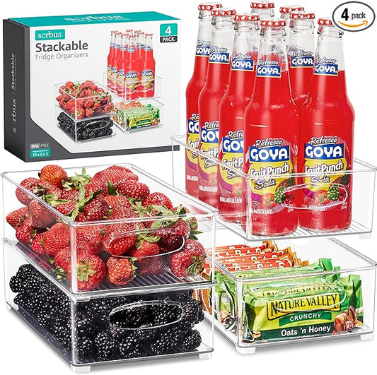 Sorbus Stackable Refrigerator Organizer Bins - Clear Storage Bins for Kitchen Pantry, Freezer & Fridge Organization - Food Organizing Plastic Containers with Handles for Countertops & Drawers (4 Pack)-NeatNest