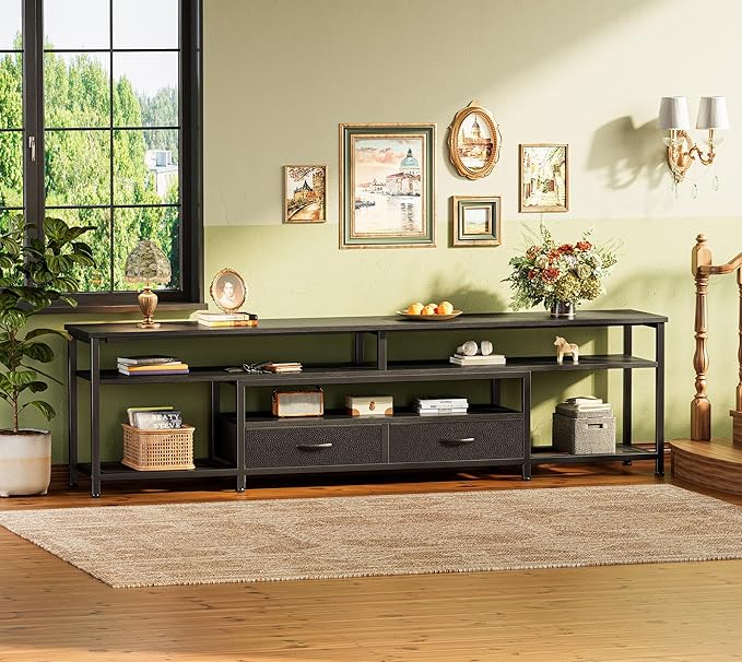 Huuger TV Stand for 75 80 Inch TV, Entertainment Center with Power Outlets and LED Lights, 70.9 Inch TV Console for Living Room, Media Console with Drawers and Shelves, Black-NeatNest