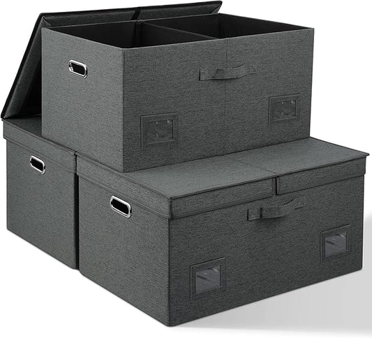 75 Quarts Extra Large Decorative Storage Bins with Lids, 3 Packs Dark Gray Collapsible Storage Bins with Lids, Stackable Storage Bins Decorative Box Storage With Lid Extra Large-NeatNest