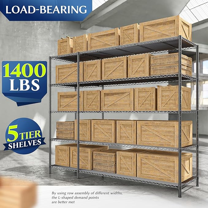 52.36" W Storage Shelves Metal Shelving Unit Load 1400LBS 5 Tier Wire Shelf for Storage Adjustable Garage Shelving Heavy Duty Shelves for Pantry Kitchen Garage, 52.36W x13.78Dx70.8H-NeatNest
