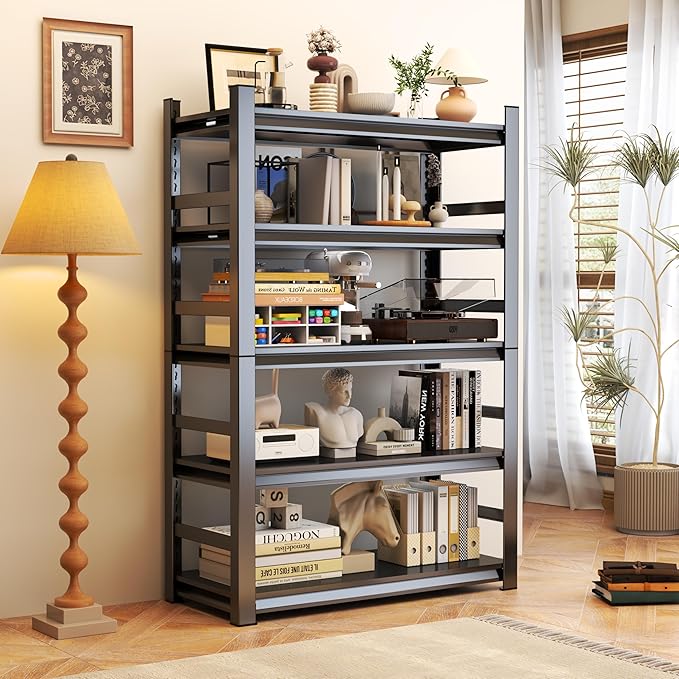 Book Shelf 5 Tier Metal Wide Bookshelves Tall Bookshelf Industrial Bookcase Adjustable Book Shelves For Bedroom/Living Room/Library,Book Shelf Organizer Black (With fence-72"H*15.8"D*35.4"W)-NeatNest