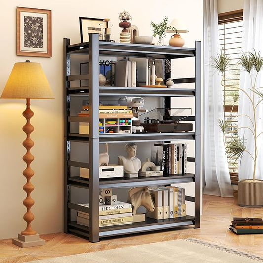 Book Shelf 5 Tier Metal Wide Bookshelves Tall Bookshelf Industrial Bookcase Adjustable Book Shelves For Bedroom/Living Room/Library,Book Shelf Organizer Black (With fence-72"H*15.8"D*35.4"W)-NeatNest