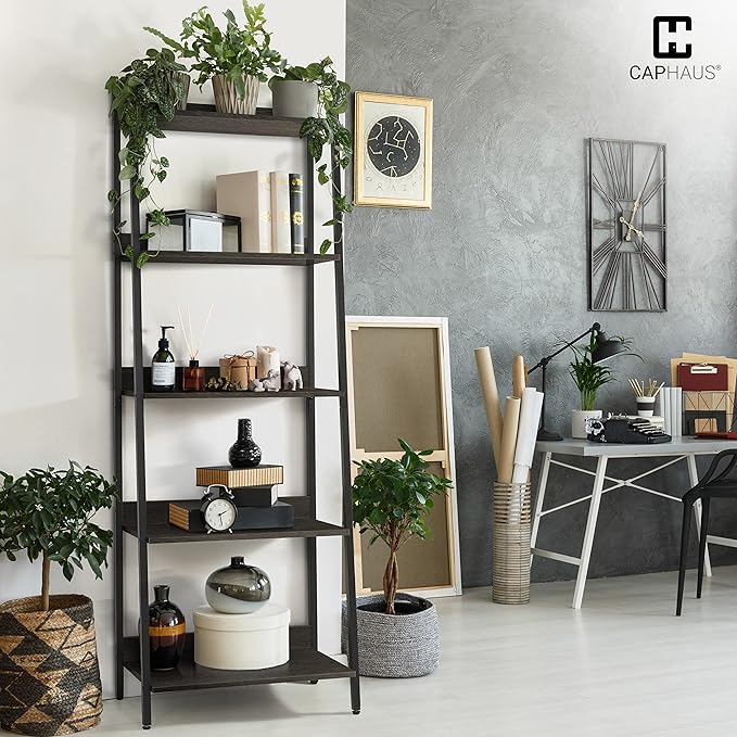 CAPHAUS 5 Tier Ladder Bookshelf, 24 Inch Width Free Standing Shelf, Bookcase Shelf Storage Rack Organizer, Industrial Book Shelves for Home Office, Living Room, Kitchen, Black Wooden Shelves-NeatNest