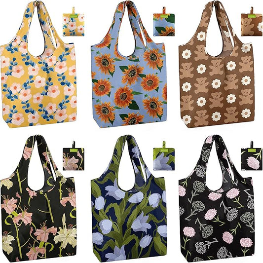 BeeGreen Reusable Grocery Bags 6 Pack, Heavy Duty Totes for Women, Foldable Grocery Bag Large Shopping Totes with Handles for Work, Travel, Gift, Store, Polyester Washable Reusable Tote Bag-NeatNest