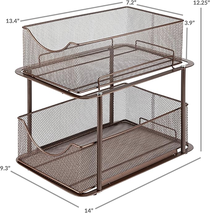 Sorbus 2 Tier Metal Under Sink Organizer for Bathroom, Kitchen, Strong Steel Mesh Sliding Drawers for Under Sink, Under Cabinet, Closet, Kitchen, Pantry, Bathroom Organizers and Storage (Brown)-NeatNest