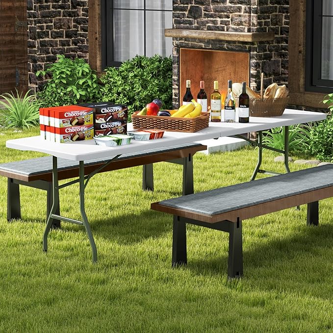 Goplus 8ft Plastic Folding Table, 350 LBS Outdoor Heavy Duty Folding Tables with HDPE Tabletop, Handle, Lock, Foldable Rectangle Portable Utility Card Table for Picnic, Party, Camping, Dining-NeatNest