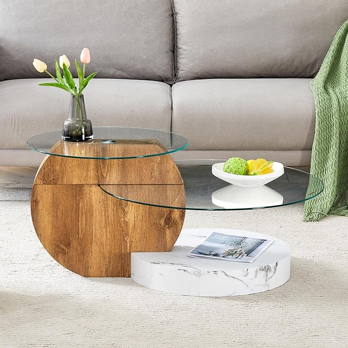 Glass Coffee Tables Round Coffee Tables for Living Room Modern 3 Tier Round Table Circle Coffee Table for Small Space Home Office (35.4 Inch White + Wood)