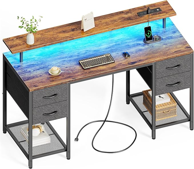 Huuger 55 inch Computer Desk with 4 Drawers, Gaming Desk with LED Lights & Power Outlets, Home Office Desk with Large Storage Space for Bedroom, Work from Home, Rustic Brown-NeatNest