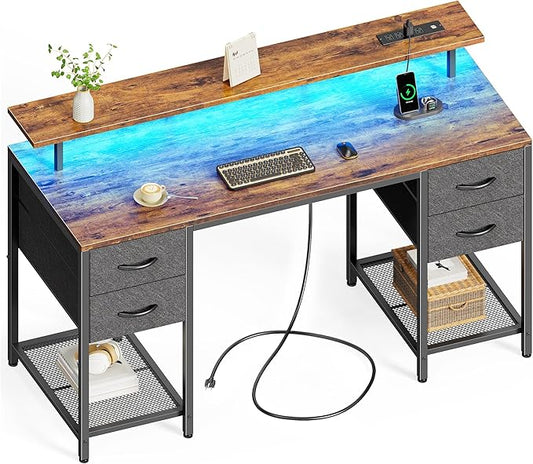 Huuger 55 inch Computer Desk with 4 Drawers, Gaming Desk with LED Lights & Power Outlets, Home Office Desk with Large Storage Space for Bedroom, Work from Home, Rustic Brown-NeatNest