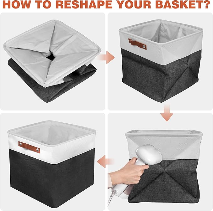 13in Open Fabric Storage Basket with Leather Handles for Organizing, Collapsible Linen Closet Bins for Shelves, Closets, Laundry, Decorative Basket for Gifts. (White＆Black, 2PCS/13x13in)-NeatNest