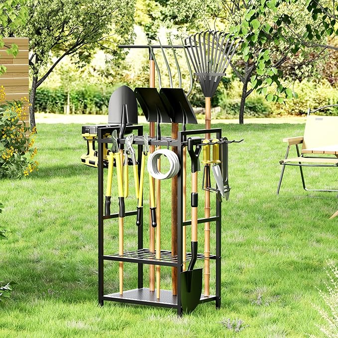 Garden Garage Tool Organizer - Yard Tool Organizer for Garage with 4 Hooks, Heavy duty Steel Garden Tool Rack Holds up to 48 Long Handled Yard tools for Storage