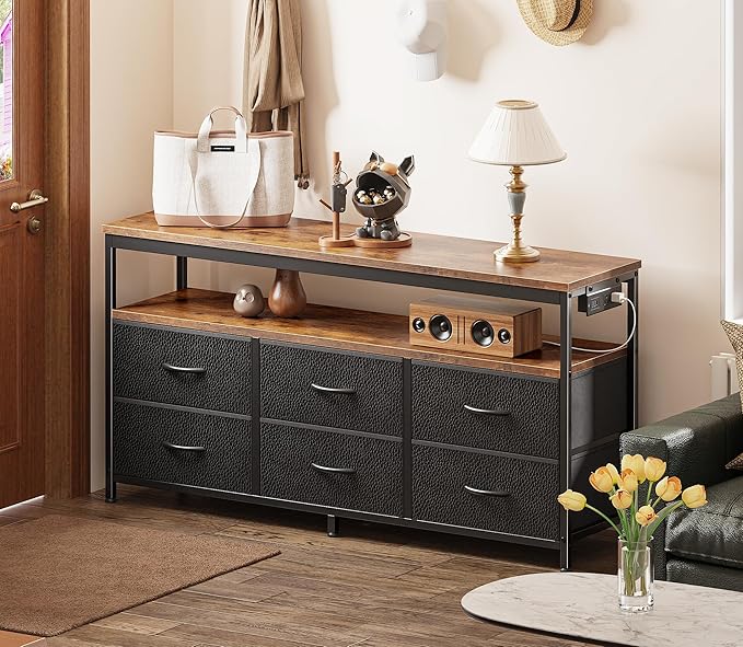 Huuger LED TV Stand for Bedroom, 47 Inch Dresser TV Stand for 43, 50, 55 Inch TV, Rustic Black TV Stand with Storage, Entertainment Center with Power Outlets, 6 Drawer Fabric Dresser for Living Room-NeatNest