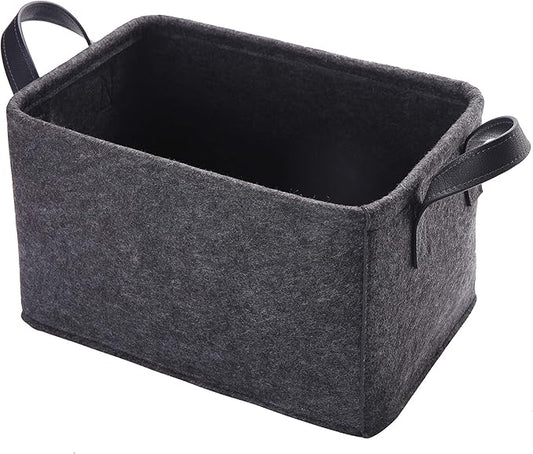 Collapsible Storage Bins Foldable Felt Fabric Storage Basket Organizer Boxes Containers with Handles PU Handles for Nursery Toys,Kids Room,Clothes,Towels,Magazine (PU-Dark grey, 15.9L×11W×9.8H)-NeatNest