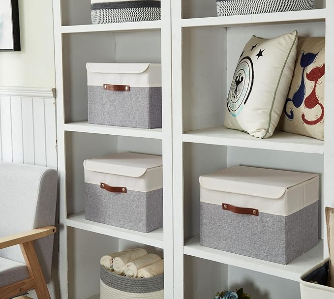 DECOMOMO Fabric Storage Bins with Lid, Storage Baskets for Shelves Toy Box (Grey and White, 3 Pack)-NeatNest