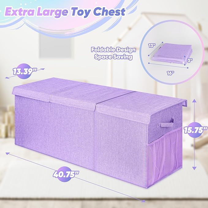 Extra Large Toy Box, Toy Chest for Kids Boys Girls, Collapsible Sturdy Storage Organizer with Mesh Pockets, 40"x14"x16" Kids Box Bins Baskets for Nursery, Playroom, Purple