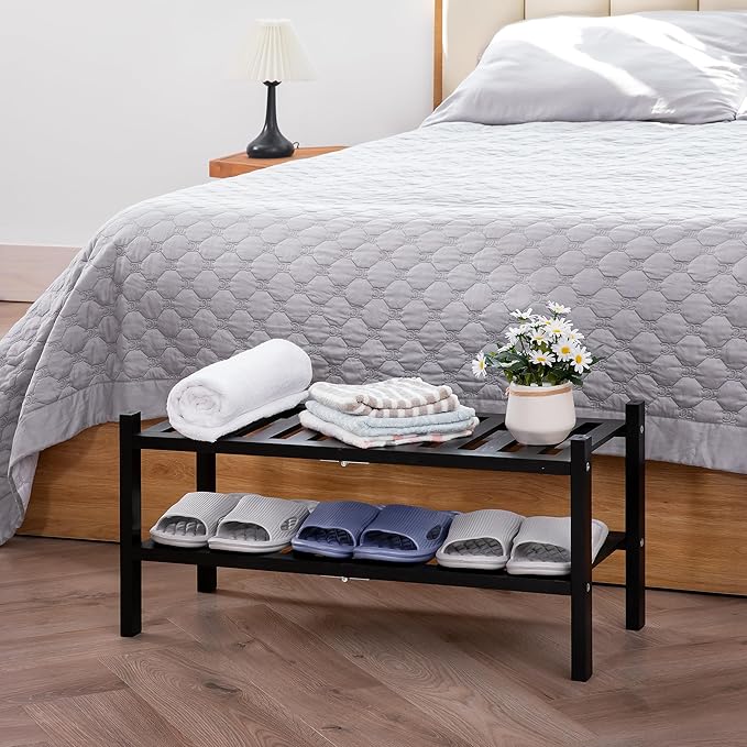 Black Acacia Wood 2-Tier Folding Shoe Rack – Space-Saving Wooden Shoe Organizer Shelf for Entryway, Hallway, Mudroom, or Closet – Compact Indoor Storage for Footwear & More-NeatNest