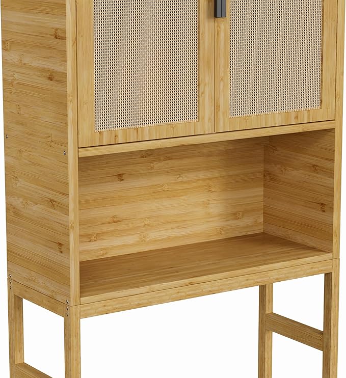 BlueWish Bathroom Organizers and Storage, Bamboo Over The Toilet Storage Cabinet with Inverted U-Shaped Door & Anti-Tip Device, Space Saver, Natural-NeatNest