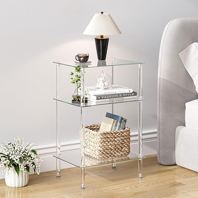 Tempered Glass Side Tables Set of 2 Acrylic End Table with 3 Storage Shelve transparent Bedside simplicity clear 3-Tier Nightstands small Spaces Office Bedroom Living Room Study Transparent ET-008TR3T