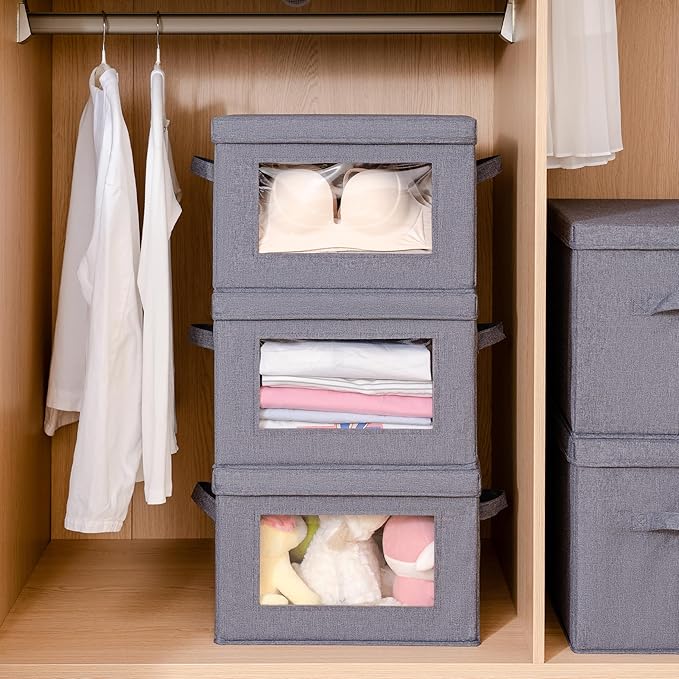 Citylife 3-Pack Collapsible Storage Bins with Lids, Linen Fabric Foldable Storage Boxes, Cube Closet Organization for Clothes, Blankets and Books, Gray-NeatNest