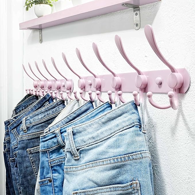 Dseap Coat Rack Wall Mounted - 5 Tri Hooks, Heavy Duty, Stainless Steel, Metal Coat Hook Rail for Coat Hat Towel Purse Robes Mudroom Bathroom Entryway (Pink, Pack of 2)-NeatNest