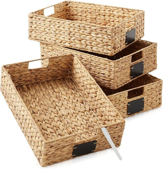 Casafield Set of 4 Water Hyacinth Pantry Baskets, 12-1/2" x 17" x 5", with Chalkboard Labels and Chalk Marker - Natural, Woven Storage Bin Organizers for Kitchen Shelves-NeatNest