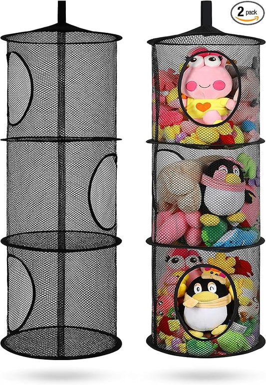 2Pcs Stuffed Animal Storage Foldable Stuffed Animal Net or Hammock Organizer, 3 Compartments Hanging Mesh Toy Storage Hammock for Kid Room Toys, Gloves, Hats, Socks(Black)-NeatNest
