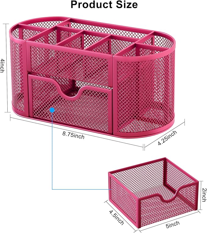 EasyPAG Mesh Desk Organizer, Multi-functional Stationery Organizer for School Supplies, Office Pen Holder for Desk, 9 Compartments Dorm Organization with Drawer, Pink
