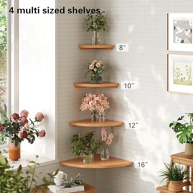 Floating Corner Shelves Oak 10", Solid Oak Wall Mounted Wooden Display Storage Rack with Wire Hole for Plants, Photos, Speakers, Bedroom, Kitchen, Living Room Décor - 2-Pack-NeatNest