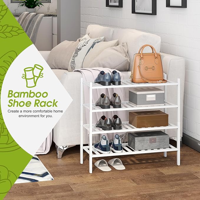 BMOSU 4-Tier Bamboo Shoe Rack Premium Stackable Shoe Shelf Storage Organizer for Hallway Closet Living Room Entryway Organizer(White Bamboo)-NeatNest