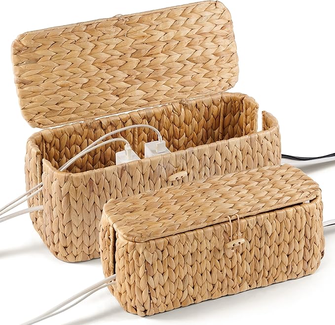 BLUEWEST Set of 2 Cable Management Box, Water Hyacinth Organizer Box, Durable Rattan Cable Organizer with Dual Open Slots for Desk, TV, and Office Cords, Hides Power Strips, USB Hubs, and Wires