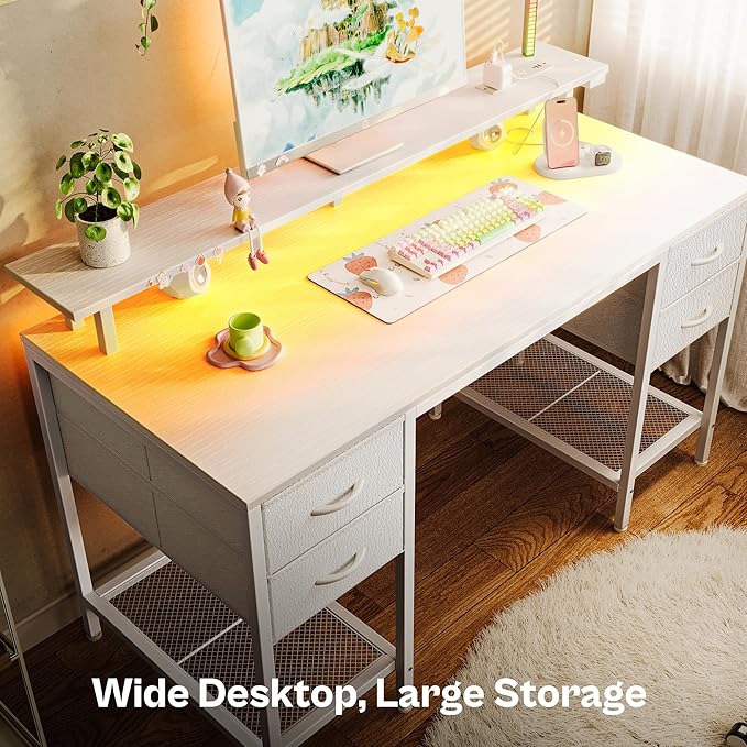 Huuger 47 inch Computer Desk with 4 Drawers, Gaming Desk with LED Lights & Power Outlets, Home Office Desk with Large Storage Space for Bedroom, Work from Home, White-NeatNest