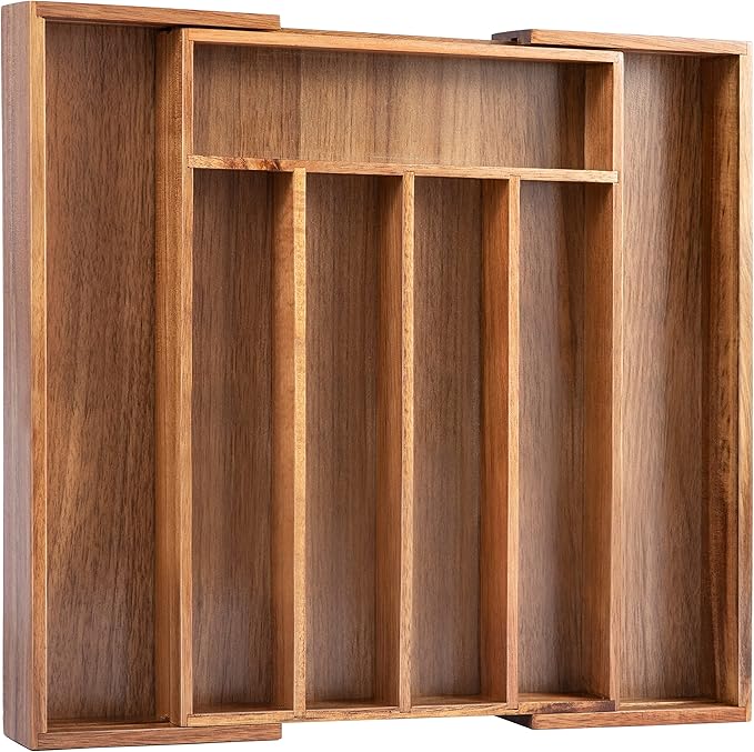 Bellsal Acacia Silverware Organizer Kitchen Drawer Organizer Expandable Bamboo Utensil Holder Cutlery Tray for Kitchen Utensil and Flatware Bedroom Office-NeatNest