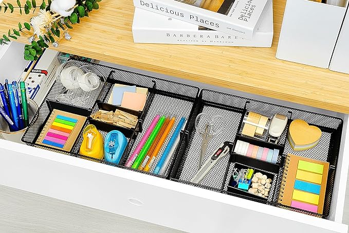CAXXA Mesh 3 Slot Desk Drawer Organizer with Four Adjustable Dividers - Black-NeatNest